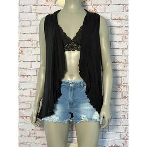 Storm Womens Black Waterfall Cardigan Sleeveless Ruffle Hem Racerback Vest L